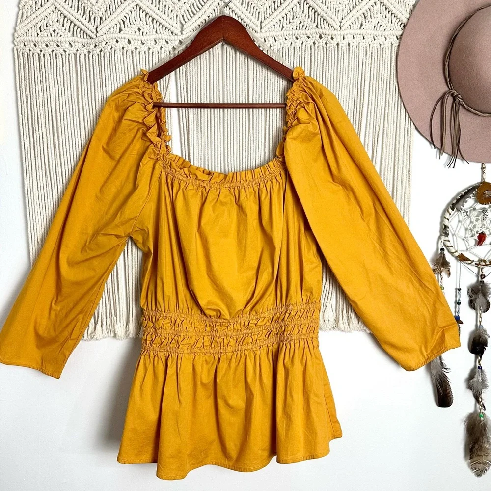 Ashley Stewart Cotton Cinch Waist Off Shoulder Yellow Top Size 14/16 - Picture 1 of 8